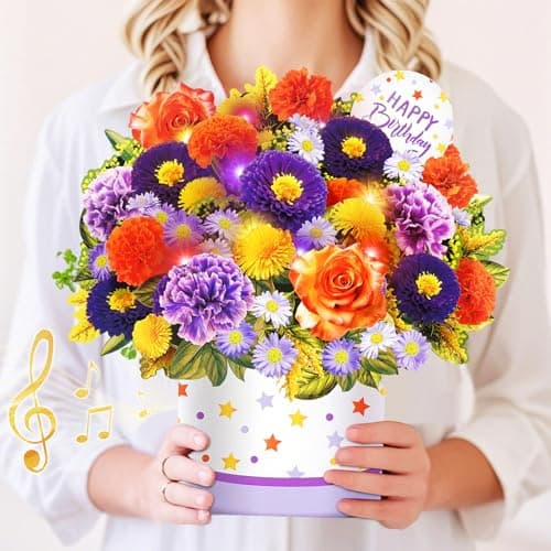 MZD8391 Birthday Cards, Happy Birthday Cards with Music & Lights, Daisy and Yellow Rose, 10 Inch Life Sized Forever Flower Bouquet Greeting Card Gifts for Wife Women Mom Grandma Sister