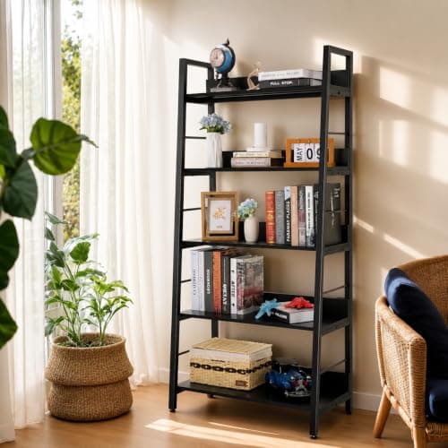 BATHWA 5 Tier Book Shelf, Rustic Industrial Ladder Bookshelf Wood Metal, Dark Brown Farmhouse 28'' Wide 59''Tall Ladder Shelf Living Room, Bedroom, Home Office - Thumbnail 2