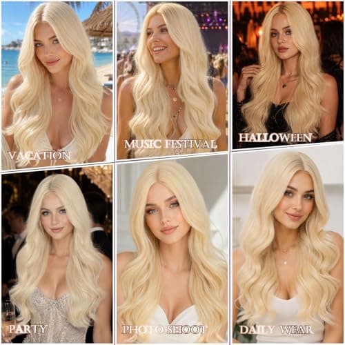 Barbique Blonde Synthetic Long Wavy Wig for Women, 613 Middle Part Lace Wig, Heat Resistant 24 Inch Glueless Wig for Everyday Use - Thumbnail 6