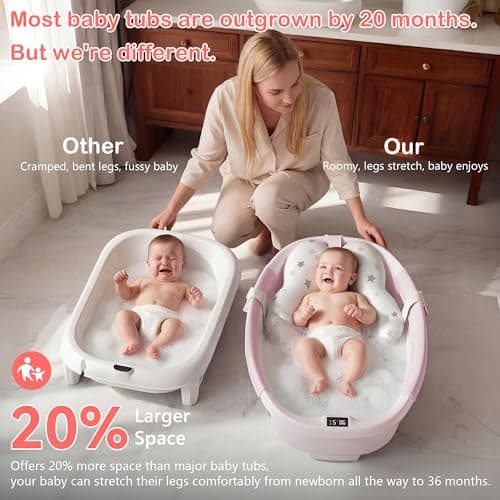 Collapsible Baby Bathtub - Large Baby Bath Tub with Thermometer | Bath Essential Bañera para Bebe Easy Fold Baby Tub | Travel Infant Newborn Toddler Bathtub for Baby Girl Boy 0 to 36 Months (Pink) - Thumbnail 3