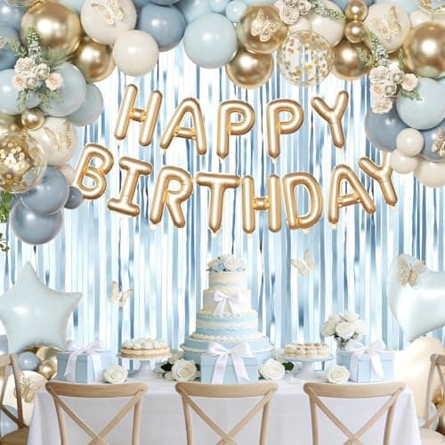 Blue Birthday Decorations, Dusty Light blue Sand White Gold Confetti Foil Balloons Happy Birthday Banner Gold Butterfly Fringe Curtains, Dusty Blue Birthday Decorations for Girls Women - Thumbnail 4