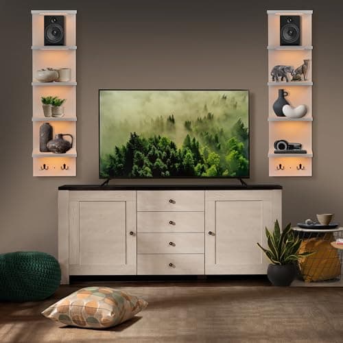 Sorbus LED Light Display Shelf - Vertical 5 Tier Wall Shelf Unit with 2 Hooks, Column Utility Shelving for Home Decor, Wall-Mounted Floating Shelves for Bathroom, Bedroom, Vanity, Figurine Display - Thumbnail 3