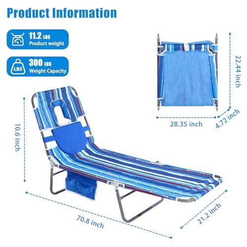 SUNNYFEEL Beach Lounge Chair, Backpack Reclining Beach Chairs Lay Flat, Sun Face Down Tanning Chair, Folding Camping Chairs Portable Camp Cot with Backpack Straps for Outdoor/Picnic/Lawn - Thumbnail 3