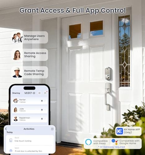 Veise VE017-D Smart Fingerprint Front Door Lock Set, App Control, 8-in-1 Keyless Entry Deadbolt with Lever Handle, Touchscreen Keypad, IP55 Weatherproof, Auto Lock, Easy Install, Satin Nickel - Thumbnail 2