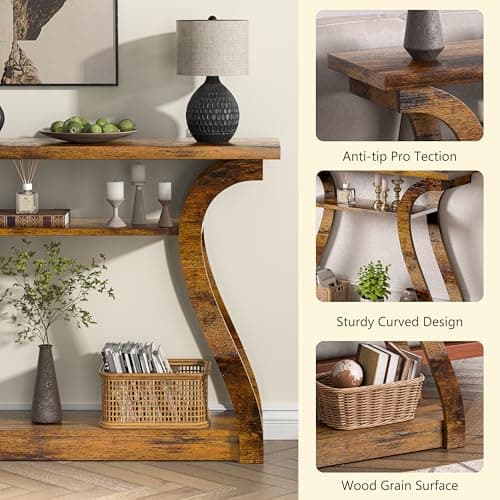 UODERS Wooden Console Table with Curved Legs and Shelf, 3-Tier Modern Accent Narrow Sofa Table for Entrance Area, Living Room, Hallway, 47 in Wide Wood Console Table for Entryway (Retro) - Thumbnail 6