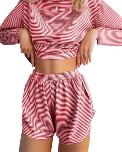 JUSTFASHIONNOW Womens Pajama Sets Long Sleeve Top and Split Shorts Striped Two Piece Lounge Set Cozy Christmas Loungewear Crew Neck Sleepwear Soft Pjs Fall Winter Cute Outfits (Red, Small) - Image 1