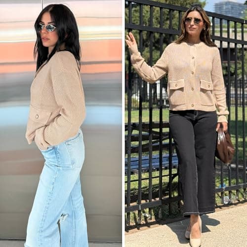 EXLURA Womens 2025 Knit Cardigan Sweaters Spring Fall Crewneck Open Front Button Jacket Fashion Outerwear Coats with Pockets Beige - Thumbnail 4