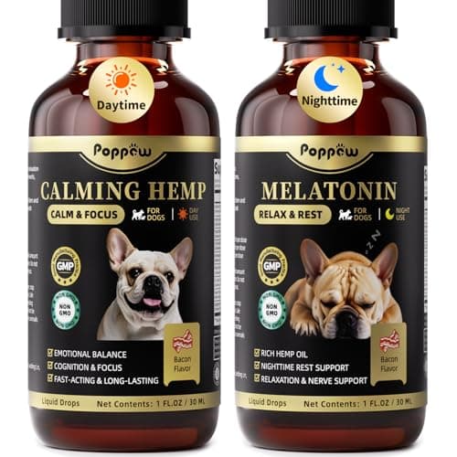 POPPAW Calming Melatonin Drops for Dogs, Day & Night Dog Calming Treat for Anxiety, Separation, Stress, Travel, Relaxation & Sleep Support, Bacon Flavor, 2 Fl Oz