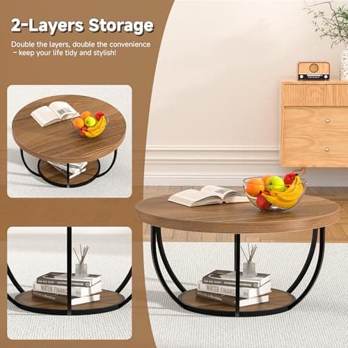 TEROL Round Coffee Table, 31" Coffee Table for Living Room Decor, 2-Tier Storage with Steel Frame, Space-Saving Wood Center Table, Modern Style Easy Assembly (Brown) - Thumbnail 6