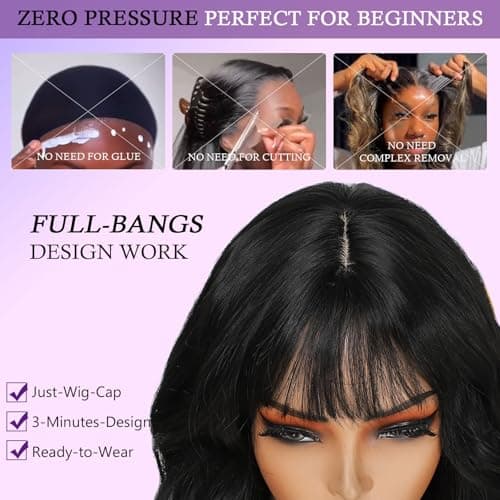 Barbique Black Long Wavy Wig with Bangs, Heat Resistant Synthetic Wig, Beginner Friendly, Natural Look, Adjustable Straps, Glueless Ready to Wear for Daily Party Cosplay Use - Thumbnail 3
