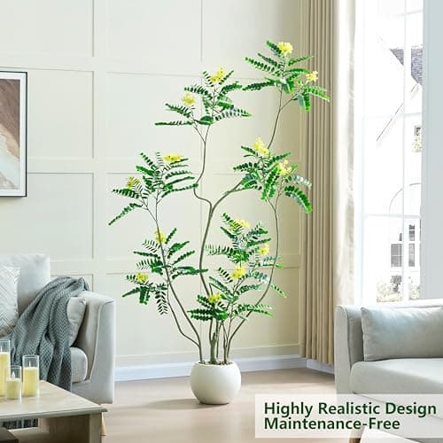 FSOHOI Artificial Locust Tree, 6FT Tall Artificial Plants Indoor with Yellow Flowers & Pot, Large Floor Plant Faux Sophora Fake Flower Tree Silk Plants for Indoor Office Home Room Balcony Porch Decor - Thumbnail 3