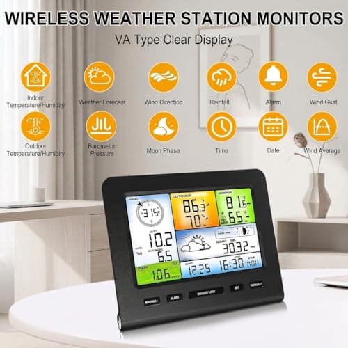 Urageuxy Weather Station Wireless Indoor Outdoor, Home Weather Stations with Rain Gauge, Wind Speed/Direction, Temperature, Humidity, Weather Forecast, Alarms, WiFi - Thumbnail 2