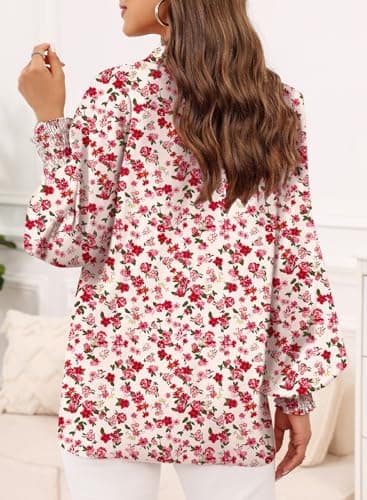 Dokotoo Womens Tops Oversized Cute Tops for Women 2026 Trendy Dressy Casual Fall Long Sleeve Shirts V Neck Button Down Ladies Tops and Blouses Allover Floral Flowy Work Business Top Red XX-Large - Thumbnail 4