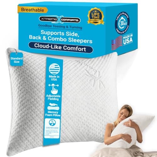 Xtreme Comforts Memory Foam Pillows | GREENGUARD Certified Adjustable Shredded Foam Fill for Personalized Support | Bed Pillows for Side, Back & Stomach Sleepers | Removable Cover | Standard Size