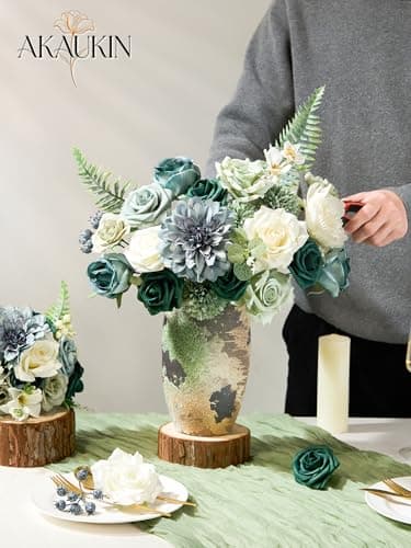 AKAUKIN Green Artificial Flowers Box Set Fake Silk Roses Peonies Dahlia & Greenery with Stems for Wedding Bridal Bouquets, Baby Shower, Party, Table Centerpieces, Home Decor & DIY Floral Arrangements - Thumbnail 3