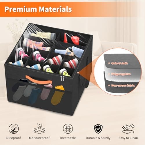 Aokeyee Shoe Organizer for Closet, 2 Pack Foldable Shoe Storage Organizer Box w/Clear Cover and 4 Reinforced Handles, Space Saving Shoes Bin Fits up to 16-32 Pairs, Black - Thumbnail 3