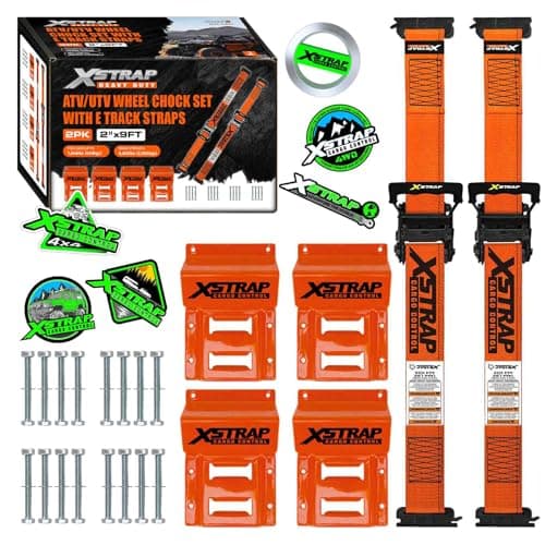 XSTRAP STANDARD Wheel Chock E-Track Tie Down Straps Kit, 2 Pack 2’’ x 9FT Over-The-Tire Ratchet Straps with Steel Wheel Chocks, 1466 lbs WLL for ATV, UTV, Lawn Mower, Trailer Hauling, Orange - Image 1