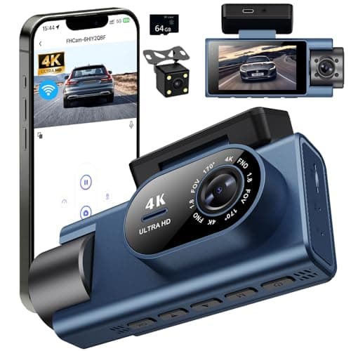 Dash Cam Front Rear Inside, 4K Full HD Dash Camera for Cars, Included 64GB Card, Built-in Wi-Fi, 3” IPS Screen, Night Vision, 170°Wide Angle,Loop Recording, APP Control (3Channel Dashcam+64G) - Image 1
