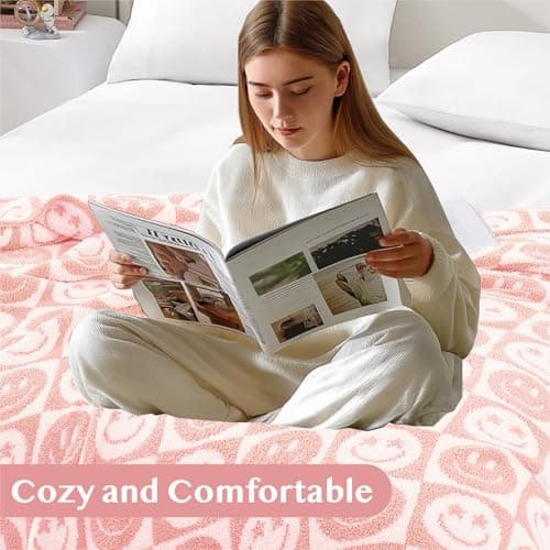 WRENSONGE Checkered Throw Blanket Blossom Smiling Face Soft Cozy Fluffy Warm Hand Made Throw Blankets for Couch, Sofa, Chair, Bed, Camping, Picnic, Travel Lightweight Bed Blanket - 50"*60" - Thumbnail 6