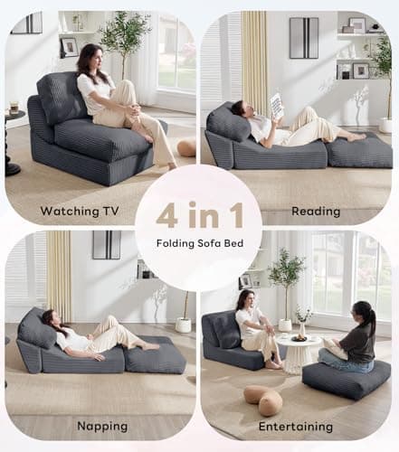 Tbfit 35.8‘’ Oversized Folding Sofa Bed, Convertible Sleeper Chair with Adjustable Back, Corduroy Folding Couch Bed, Portable & Foldable Boneless Floor Sofa for Living Room, Bedroom, Dark Grey - Thumbnail 4