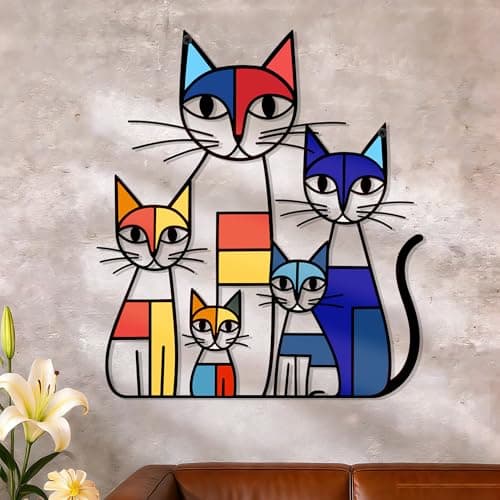 GUSFREUD Metal Cat Wall Art Decor – Mondrian Style Iron Cat Wall Decor, Colorful Geometric Cat Sculptures Home Decor, The Mewsons Family, 11.8 x 10.7 Inches - Image 1