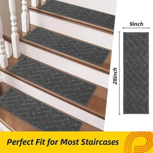 Non-Slip Stair Treads for Wooden Steps Indoor, 15 Pack 9" X 28" Edging Stair Runner with TPE Backing, 0.4" Thick Stair Rugs for Kids Elders & Pets, 100% Polyester Soft Carpet Stair Mats, Black - Thumbnail 5