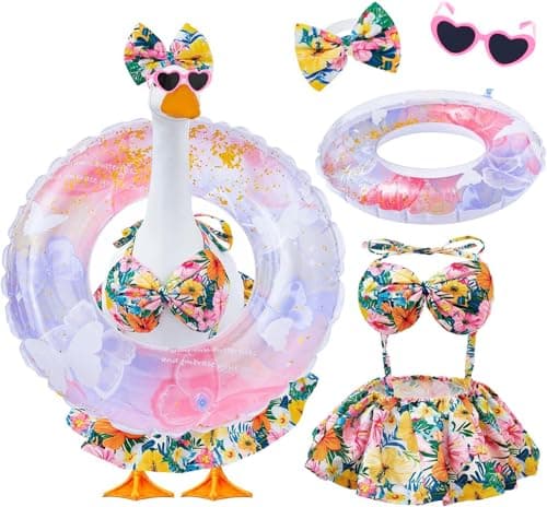 Bikini Porch Goose Outfits Fits 23" Goose Statue Summer Porch Goose Outfit with Sunglasses and Swim Ring Hawaiian Porch Goose Clothes Costume for Outdoor Garden Lawn Yard Decor(Colorful Flower)