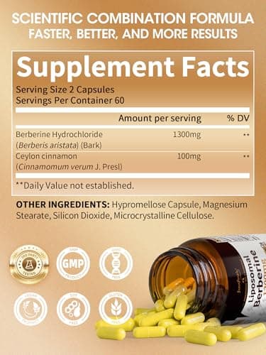 GREENPEOPLE Liposomal Berberine Supplement with Ceylon Cinnamon - Berberine HCL 1300mg 10X High Absorption - AMPK & PPAR Activator for Metabolic & Digestive & Immune Balance - Non-GMO 120 Veg Capsules - Thumbnail 6