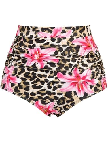 Arolina Women Ruched Swimsuit Bottoms High Waisted Tummy Control Bikini Tankini Bathing Suit Tropical Leopard - Image 1