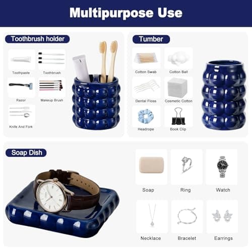 4 Piece Ceramic Bathroom Accessories Set –Soap Dispenser,Toothbrush Holder,Tumbler & Soap Dish,Includes Silicone Funnel,Non-Slip,Modern Farmhouse Countertop Organizer Set for Bathroom Decor, Navy Blue - Thumbnail 5