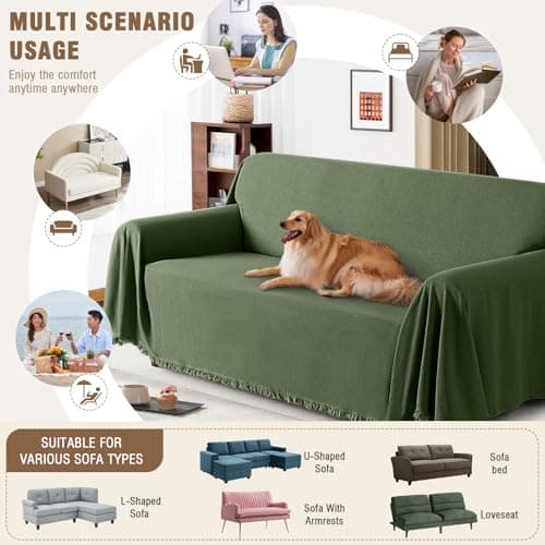TAOCOCO Couch Covers for Pets Heavy Duty Couch Cover for 2 Cushion Couch Sectional Sofa Covers Durable Throw Couch Cover for Dogs, Kids, Washable Sofa Slipcovers with Tassels (71''x118'' Forest Green) - Thumbnail 5