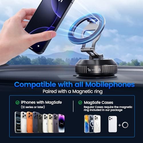 Tri-Folding Car Phone Holder for Magsafe[80+LBs Strongest Suction & 2850gf Strongest Magnetic], 360°Adjustable Phone Holders for Car, Suction Cup Phone Mount for iPhone17Pro Max /16/15/14Series，Black - Thumbnail 5
