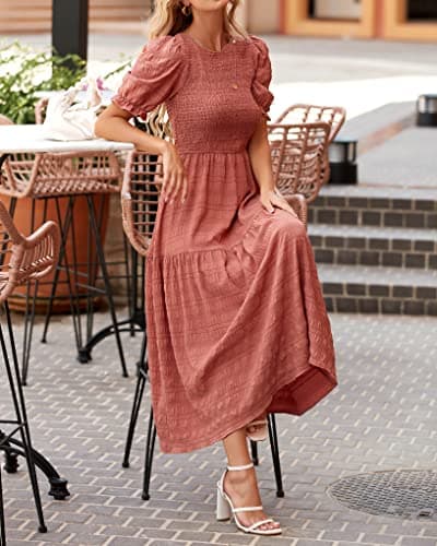 dowerme Womens Summer Dresses 2025 Casual Puff Short Sleeve Crewneck Smocked Flowy Ruffle Boho Beach Party Maxi Sundress(Bean Paste Pink,X-Large) - Thumbnail 3