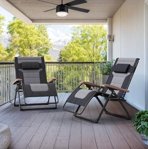 PURPLE LEAF Extra Wide Outdoor Reclining Chair Set of 2 Patio Zero Gravity Chaise Lounge Folding Chair with Quilted Cushion Adjustable Headrest for Lawn Camping Beach Pool Black and Grey - Thumbnail 3