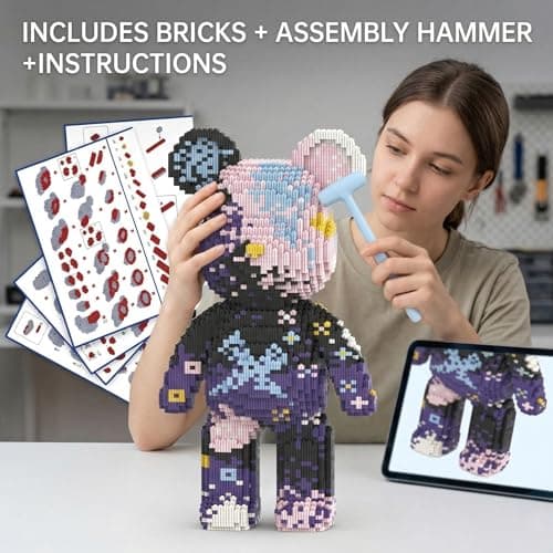 SehrKlug 16.9" Graffiti Purple Teddy Blocks Bear Building Bricks Set for Adults, Collectible Home Decor for Bedroom, Office, or Book Shelf - Relaxing Activity for Men Women - Birthday Gift, Ages 14+ - Thumbnail 4