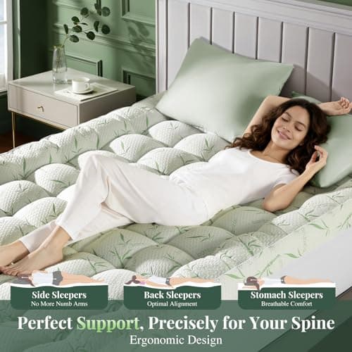 LIANLAM Mattress Topper Viscose Made from Bamboo Pillow Top Mattress Topper,1200 GSM Cooling Mattress Pad,2In Extra Thick Pillow Top for Back Pain with 6"-18" Deep Pocket(Queen,60"x80") - Thumbnail 4