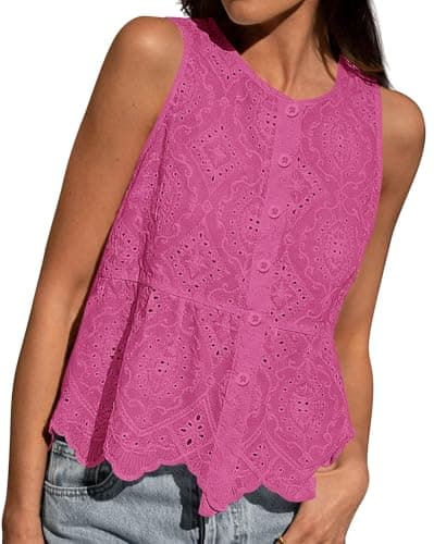 BTFBM Womens Tank Tops 2026 Summer Casual Sleeveless Button Down Shirts Embroidered Eyelet Blouse Beach Vacation Clothes(Rose Pink, Large) - Image 1