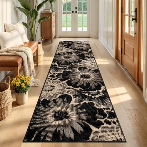 Findosom Hallway Runner Rug 2x8, Non Slip High-Low Textured Floral Washable Runner Rug with Rubber Backing, Boho Carpet Runner for Kitchen, Entryway, Bedroom, Laundry, Black & Beige - Thumbnail 6