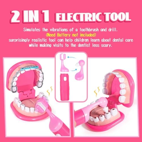 ULOVEME Pink Doctor Kit for Toddlers 3-5 with Costume - Dentist Kit for Kids with Teeth Model /Removable Teeth /Braces /Retainer - Toys for 4 Year Old Girls - Preschool Dramatic Play (Pink) - Thumbnail 5