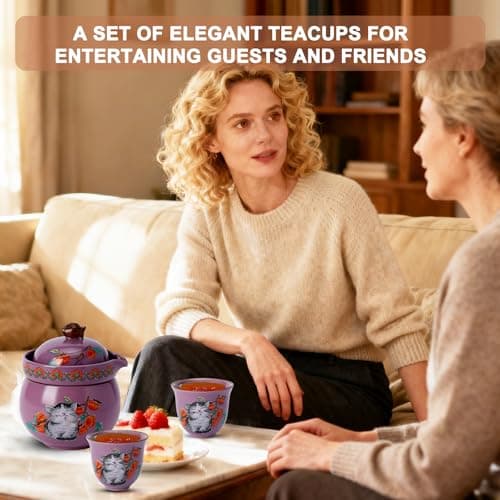 Mini Tea Cups,Cute Lucky Cat Cups,Small Tea Mugs,Porcelain Gongfu Tea set with 3 in 1,Tea Sets for Adults,Ceramic Tea Infuser Cup for Loose Leaf for Women/Tea Lovers/Birthday/Mother's Day (Purple) - Thumbnail 3