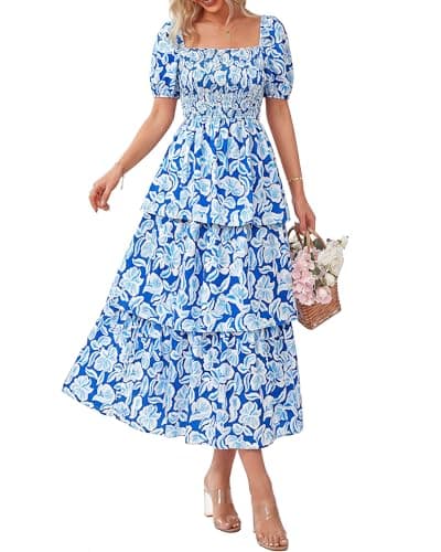 BTFBM Womens Square Neck Smocked Dress Summer Puff Short Sleeve Floral Casual Ruffle Tiered Maxi Wedding Guest Dresses(Floral Blue, Medium) - Image 1