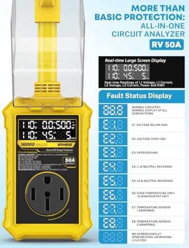 Kohree RV Surge Protector 50 Amp, RV Power Surge Voltage Protection, RV Adapter Plug with Real-Time Circuit Analyzer Smart Auto Shut Off LED Large Screen for Travel Trailers Camper, 50A 16000J-Yellow - Thumbnail 3