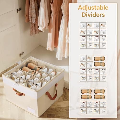 Criusia Shoe Organizer for Closet, 2 Pack Foldable Shoe Storage Organizer Box Bin with Adjustable Dividers and Clear Cover, Closet Shoe Storage for Sneakers Sandals Boots, Fit 16-32 Pairs, Beige - Thumbnail 3