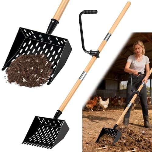 Chicken Poop Scooper for Sand, Extra Large Chicken Coop Scoop with 47" Handle & Assist Tool, 1.6mm Thick Heavy Duty Chicken Scooper for Poop, 2-in-1 Sifting Rake for Effortless Cleaning