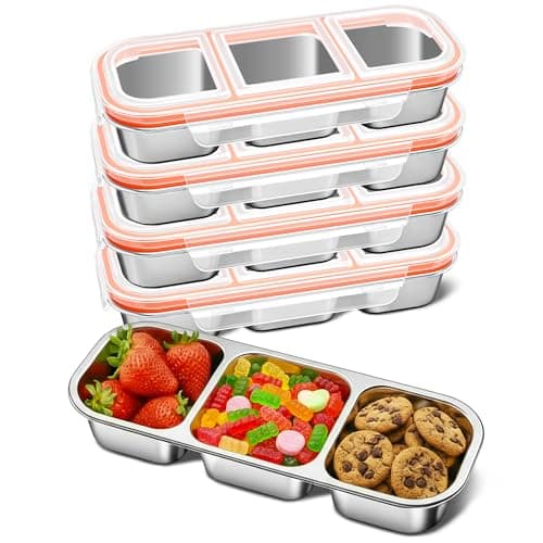 QCQHDU Snack Containers, Reusable Stainless Steel 3 Compartment Condiment Metal Bento Lunch Box with Lids, Divided Snack Food Storage Lunchable Containers for Home, Work, Travel, Camping, 5 Pack - Image 1
