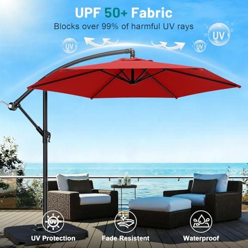 AreShark 10FT Patio Outdoor Umbrella, Offset Patio Umbrella Cantilever Umbrella, 6 Sturdy Ribs, Easy Adjustment for Garden Market Pool with Cross Base (Red) - Thumbnail 6