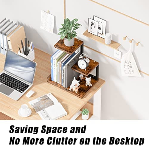 Gannyfer Office Decor Desk Shelf Organizer - Wood Desktop Shelf, Freestanding Desk Hutch, 3 Tier Storage Display Rack, Small Bookshelf with Metal Frame for Books/Plants/Toys (Rustic Brown Black) - Thumbnail 4