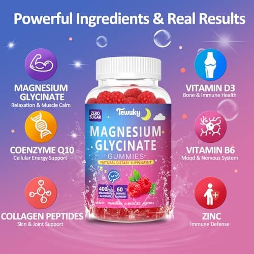 Magnesium Glycinate Gummies 400mg - Sugar Free Vegan Gummies for Adults & Kids with Vitamin D3, B6, C, CoQ10, Collagen, Zinc - Sleep, Muscle, Bone & Memory Support - 60 Raspberry Chewables - Thumbnail 6