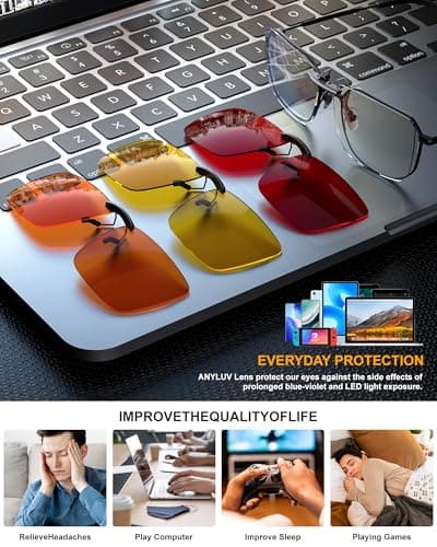 ANYLUV Clip On Blue Light Blocking Glasses Lightweight Rectangle Blue Light Glasses Men for Computer Gaming, Anti Eye Strain - Thumbnail 5