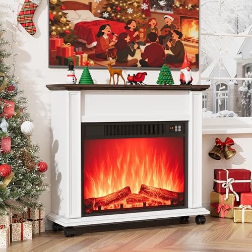 Electric Fireplace with Mantel, Farmhouse Electric Fireplaces TV Stand, White Fireplace Entertainment Center with 23 inch Heater and Removable Roller for Living Room, Bedroom - Thumbnail 2